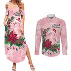 Watercolor Pink Galah Flowers Couples Matching Summer Maxi Dress and Long Sleeve Button Shirt Australia Christmas Vibes - Aussie Hoodie