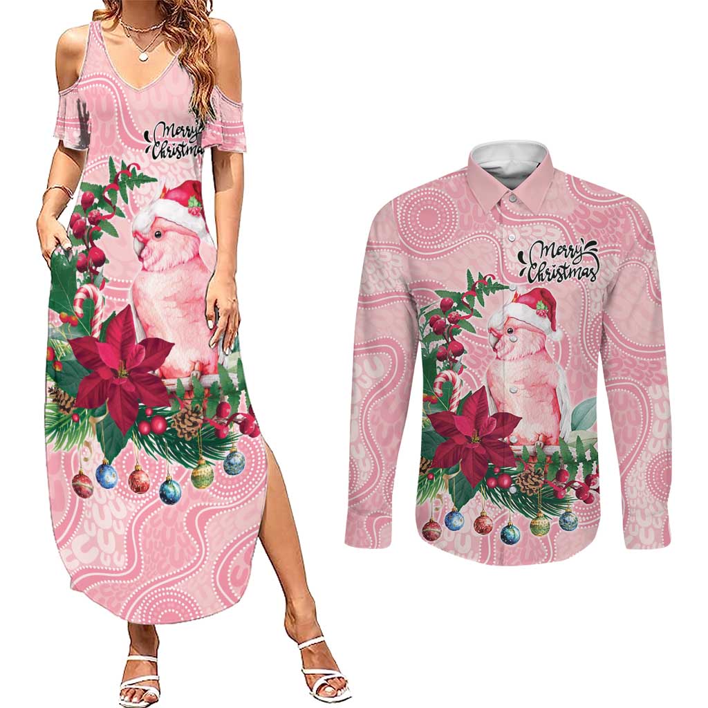Watercolor Pink Galah Flowers Couples Matching Summer Maxi Dress and Long Sleeve Button Shirt Australia Christmas Vibes - Aussie Hoodie