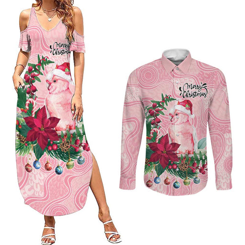 Watercolor Pink Galah Flowers Couples Matching Summer Maxi Dress and Long Sleeve Button Shirt Australia Christmas Vibes - Aussie Hoodie