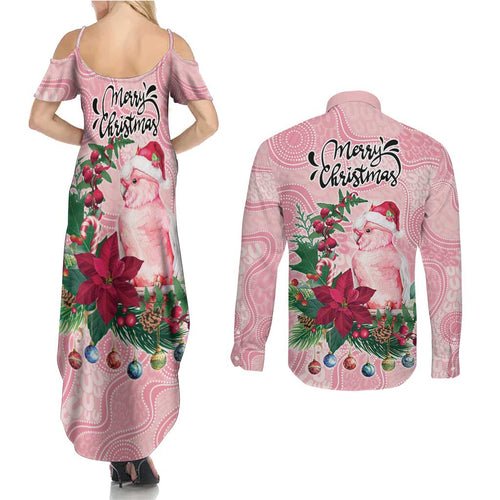 Watercolor Pink Galah Flowers Couples Matching Summer Maxi Dress and Long Sleeve Button Shirt Australia Christmas Vibes - Aussie Hoodie