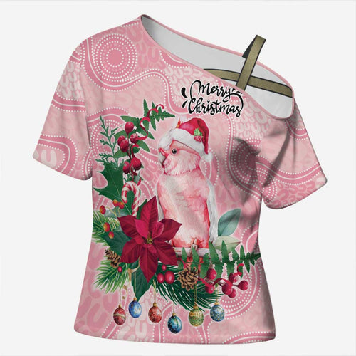 Watercolor Pink Galah Flowers Cross Shoulder Shirt Australia Christmas Vibes - Aussie Hoodie