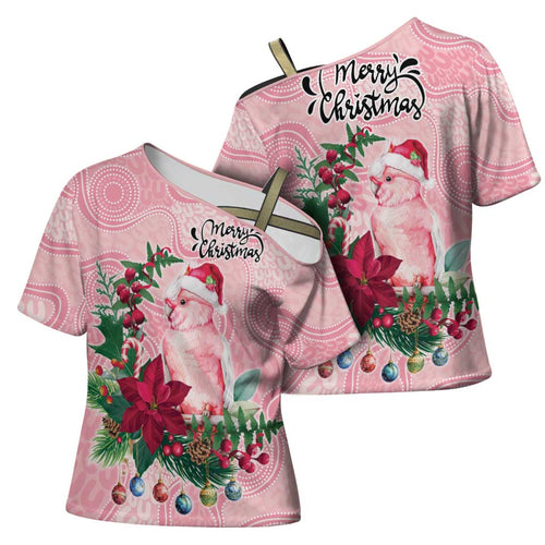 Watercolor Pink Galah Flowers Cross Shoulder Shirt Australia Christmas Vibes - Aussie Hoodie