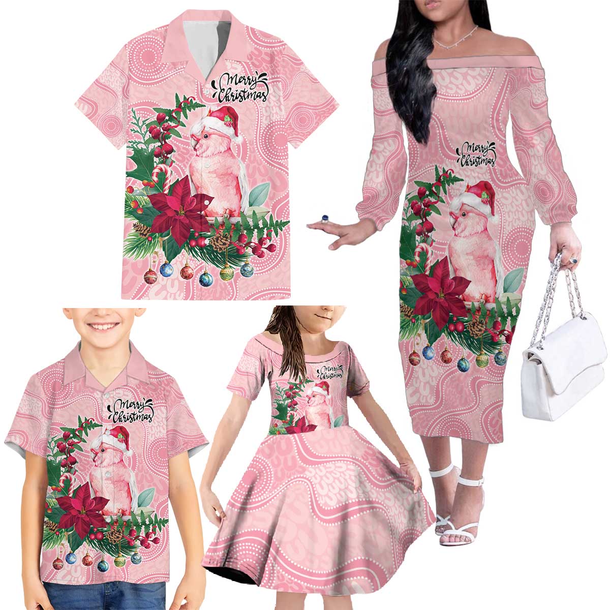 Watercolor Pink Galah Flowers Family Matching Off The Shoulder Long Sleeve Dress and Hawaiian Shirt Australia Christmas Vibes - Aussie Hoodie