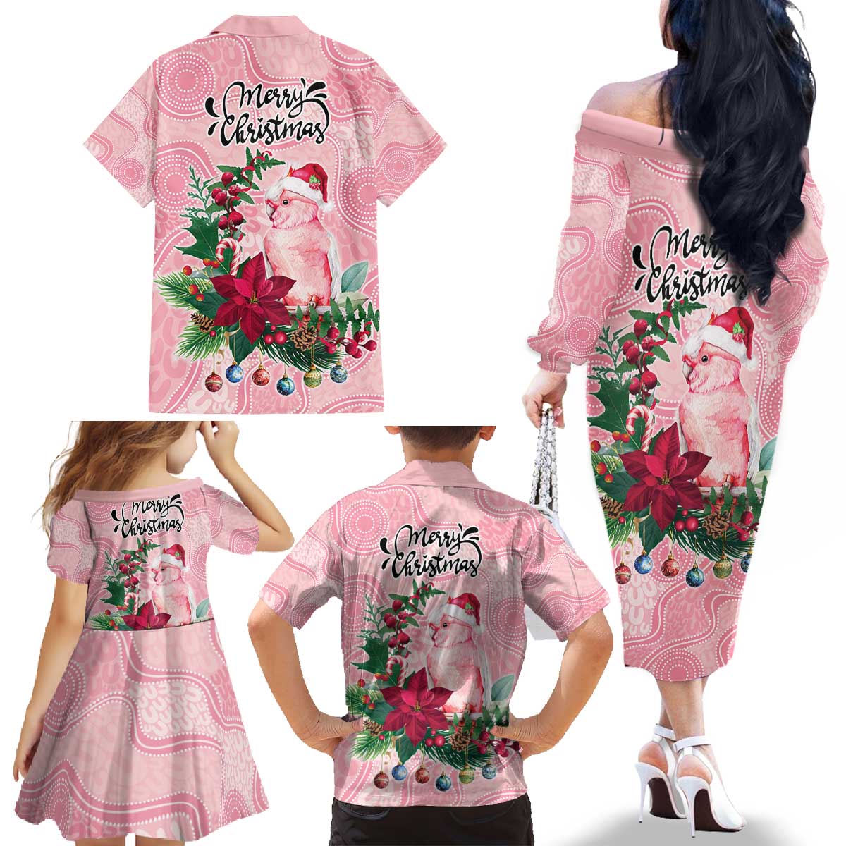 Watercolor Pink Galah Flowers Family Matching Off The Shoulder Long Sleeve Dress and Hawaiian Shirt Australia Christmas Vibes - Aussie Hoodie