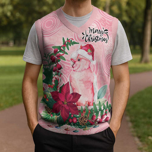 Watercolor Pink Galah Flowers Christmas Knitted V-Neck Vest Australia Christmas Vibes - Aussie Hoodie