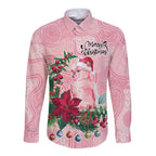 Watercolor Pink Galah Flowers Long Sleeve Button Shirt Australia Christmas Vibes - Aussie Hoodie