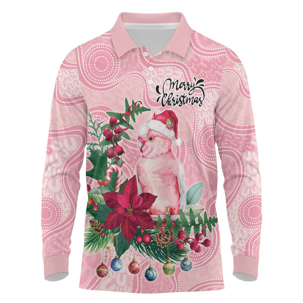 Watercolor Pink Galah Flowers Long Sleeve Polo Shirt Australia Christmas Vibes - Aussie Hoodie