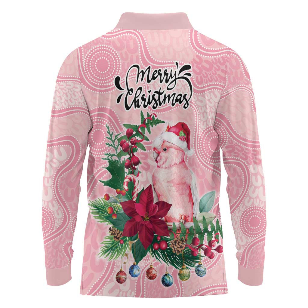 Watercolor Pink Galah Flowers Long Sleeve Polo Shirt Australia Christmas Vibes - Aussie Hoodie