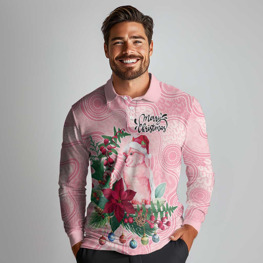 Watercolor Pink Galah Flowers Long Sleeve Polo Shirt Australia Christmas Vibes - Aussie Hoodie
