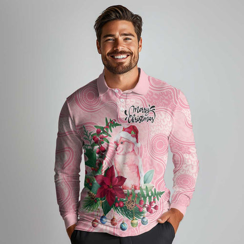 Watercolor Pink Galah Flowers Long Sleeve Polo Shirt Australia Christmas Vibes - Aussie Hoodie