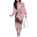 Watercolor Pink Galah Flowers Off The Shoulder Long Sleeve Dress Australia Christmas Vibes - Aussie Hoodie