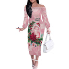 Watercolor Pink Galah Flowers Off The Shoulder Long Sleeve Dress Australia Christmas Vibes - Aussie Hoodie