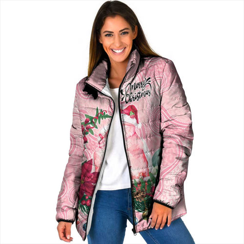 Watercolor Pink Galah Flowers Padded Jacket Australia Christmas Vibes - Aussie Hoodie