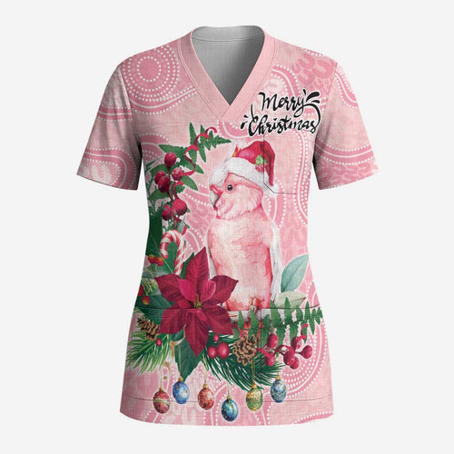 Watercolor Pink Galah Flowers Scrub Top Australia Christmas Vibes - Aussie Hoodie