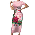 Watercolor Pink Galah Flowers Short Sleeve Bodycon Dress Australia Christmas Vibes - Aussie Hoodie