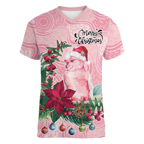 Watercolor Pink Galah Flowers Women V-Neck T-Shirt Australia Christmas Vibes - Aussie Hoodie