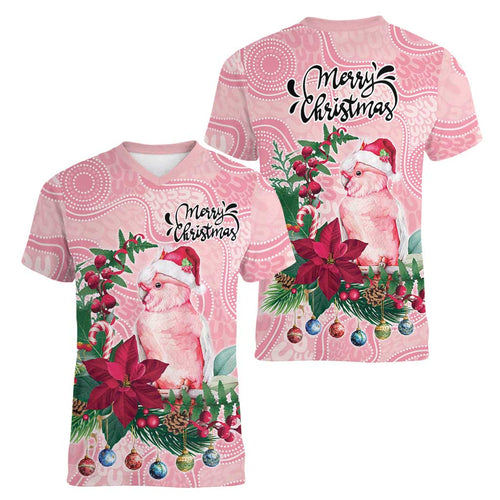 Watercolor Pink Galah Flowers Women V-Neck T-Shirt Australia Christmas Vibes - Aussie Hoodie