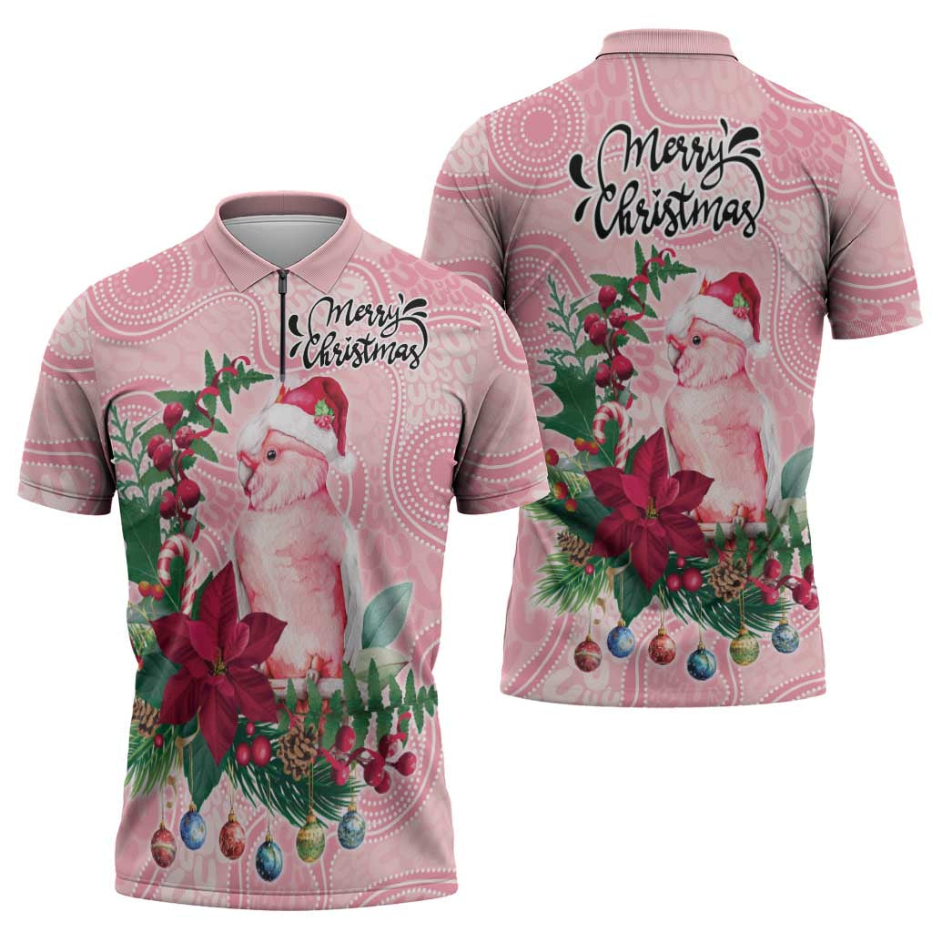 Watercolor Pink Galah Flowers Zipper Polo Shirt Australia Christmas Vibes - Aussie Hoodie