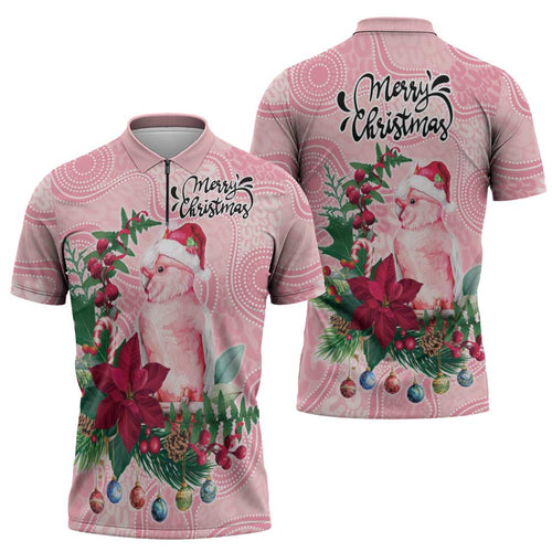 Watercolor Pink Galah Flowers Zipper Polo Shirt Australia Christmas Vibes - Aussie Hoodie