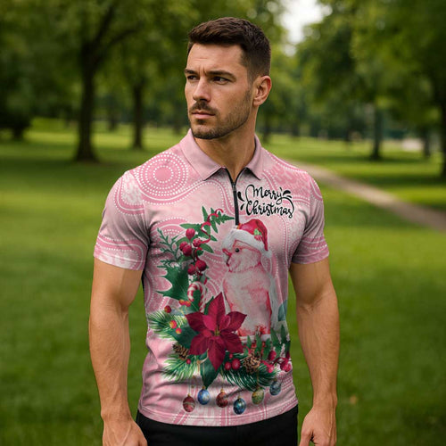 Watercolor Pink Galah Flowers Zipper Polo Shirt Australia Christmas Vibes - Aussie Hoodie