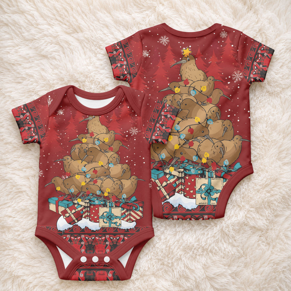Funny Kiwi Bird Xmas Tree Baby Onesie New Zealand Tribal Christmas Spirit
