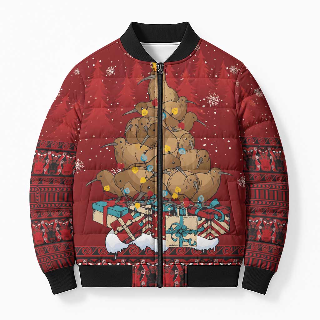 Funny Kiwi Bird Xmas Tree Bomber Puffer Jacket New Zealand Tribal Christmas Spirit - Aussie Hoodie