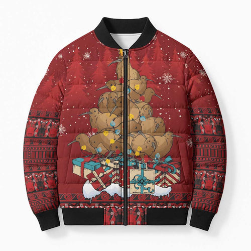 Funny Kiwi Bird Xmas Tree Bomber Puffer Jacket New Zealand Tribal Christmas Spirit - Aussie Hoodie