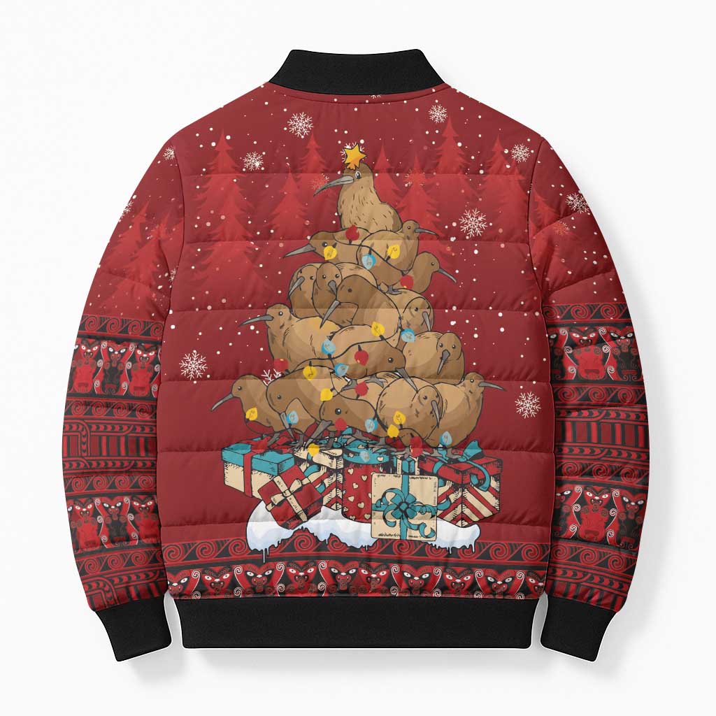 Funny Kiwi Bird Xmas Tree Bomber Puffer Jacket New Zealand Tribal Christmas Spirit - Aussie Hoodie