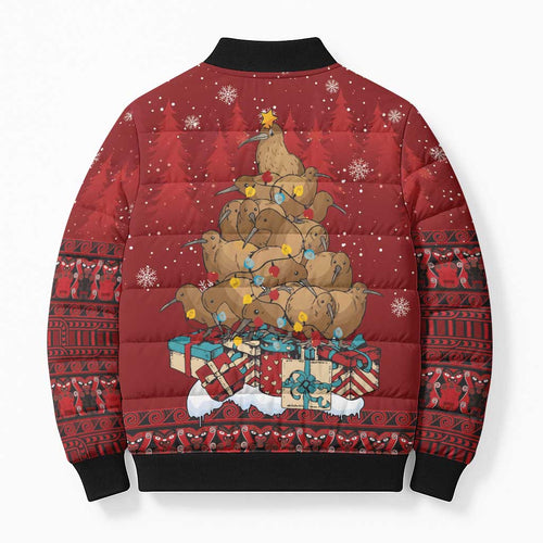 Funny Kiwi Bird Xmas Tree Bomber Puffer Jacket New Zealand Tribal Christmas Spirit - Aussie Hoodie