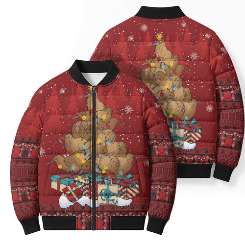 Funny Kiwi Bird Xmas Tree Bomber Puffer Jacket New Zealand Tribal Christmas Spirit - Aussie Hoodie