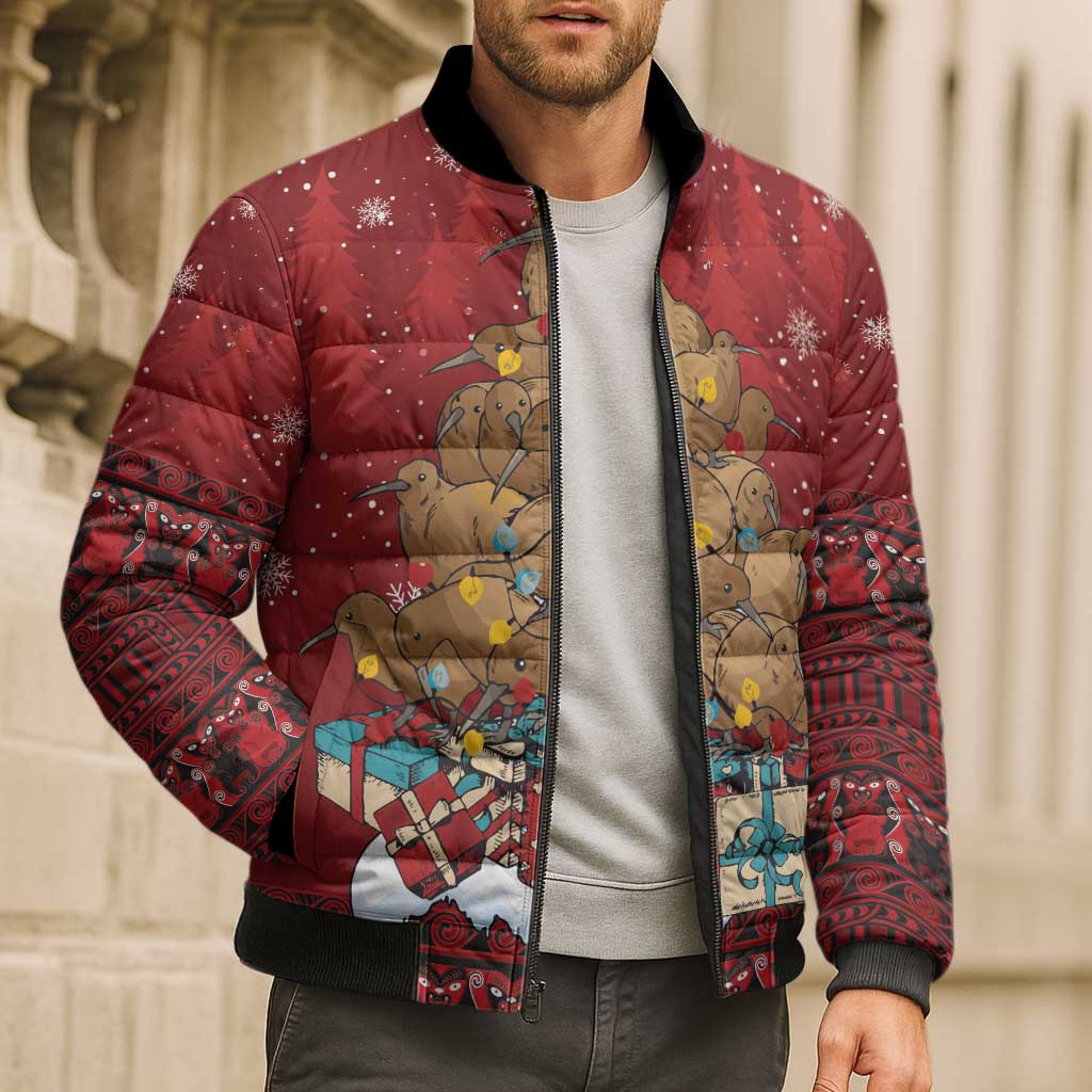 Funny Kiwi Bird Xmas Tree Bomber Puffer Jacket New Zealand Tribal Christmas Spirit - Aussie Hoodie