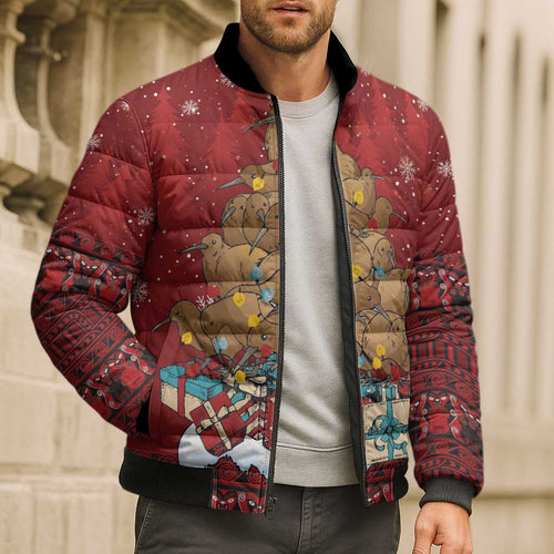 Funny Kiwi Bird Xmas Tree Bomber Puffer Jacket New Zealand Tribal Christmas Spirit - Aussie Hoodie