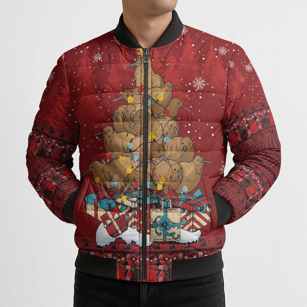 Funny Kiwi Bird Xmas Tree Bomber Puffer Jacket New Zealand Tribal Christmas Spirit - Aussie Hoodie