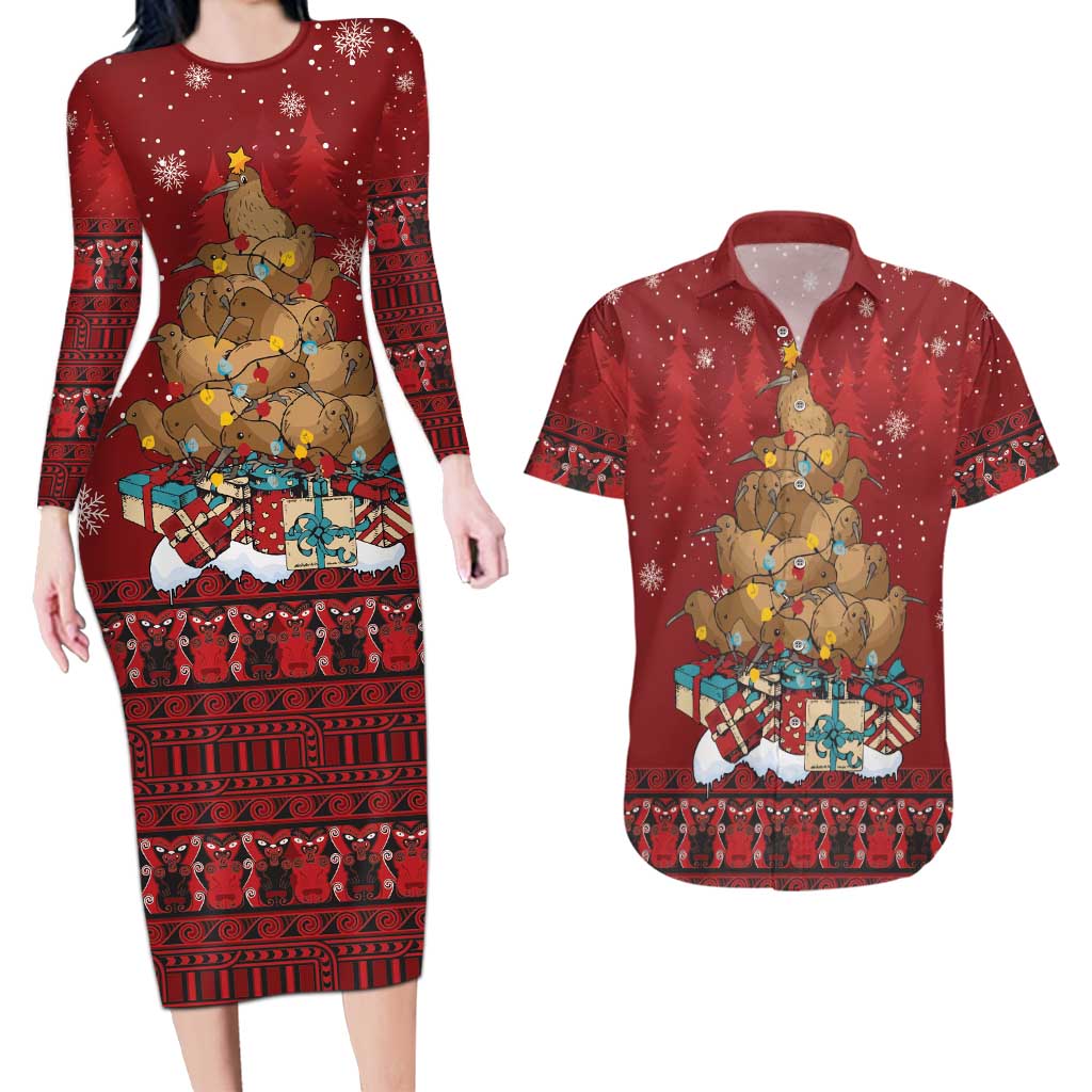 Funny Kiwi Bird Xmas Tree Couples Matching Long Sleeve Bodycon Dress and Hawaiian Shirt New Zealand Tribal Christmas Spirit - Aussie Hoodie