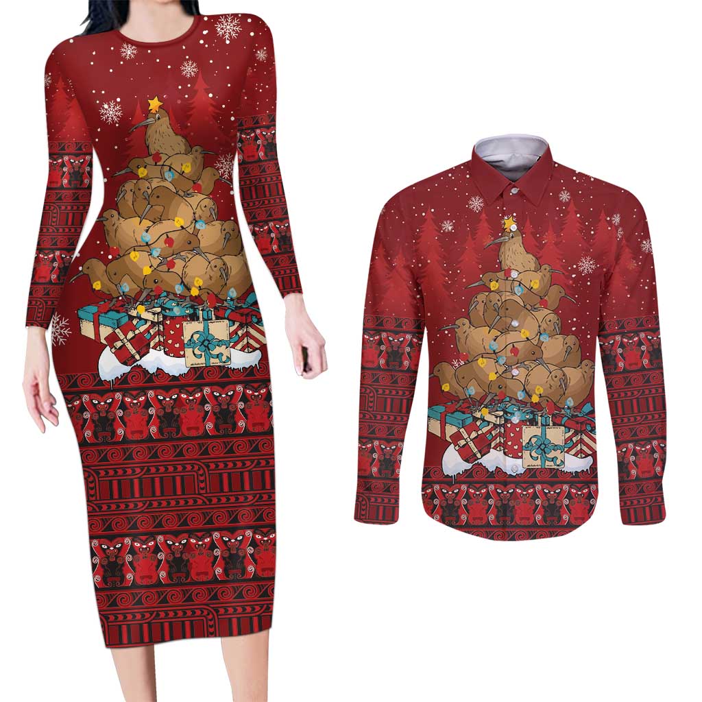Funny Kiwi Bird Xmas Tree Couples Matching Long Sleeve Bodycon Dress and Long Sleeve Button Shirt New Zealand Tribal Christmas Spirit - Aussie Hoodie