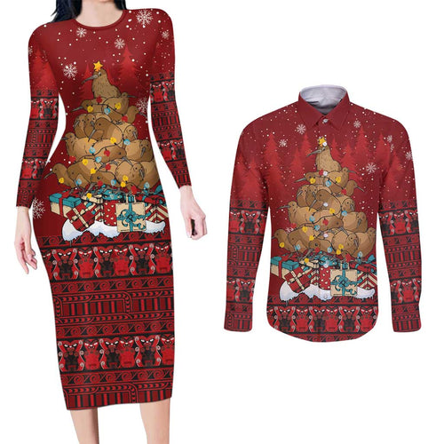 Funny Kiwi Bird Xmas Tree Couples Matching Long Sleeve Bodycon Dress and Long Sleeve Button Shirt New Zealand Tribal Christmas Spirit - Aussie Hoodie