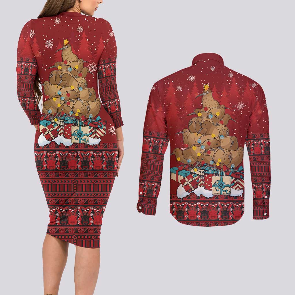 Funny Kiwi Bird Xmas Tree Couples Matching Long Sleeve Bodycon Dress and Long Sleeve Button Shirt New Zealand Tribal Christmas Spirit - Aussie Hoodie