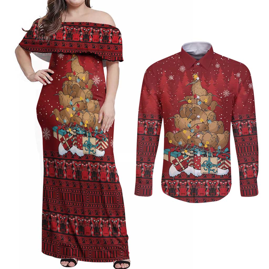 Funny Kiwi Bird Xmas Tree Couples Matching Off Shoulder Maxi Dress and Long Sleeve Button Shirt New Zealand Tribal Christmas Spirit - Aussie Hoodie