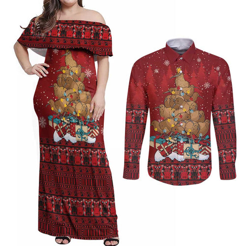 Funny Kiwi Bird Xmas Tree Couples Matching Off Shoulder Maxi Dress and Long Sleeve Button Shirt New Zealand Tribal Christmas Spirit - Aussie Hoodie