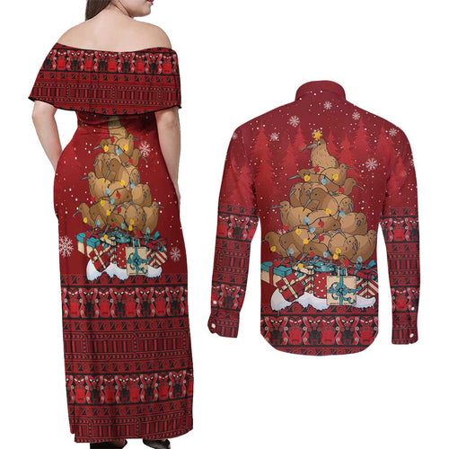 Funny Kiwi Bird Xmas Tree Couples Matching Off Shoulder Maxi Dress and Long Sleeve Button Shirt New Zealand Tribal Christmas Spirit - Aussie Hoodie