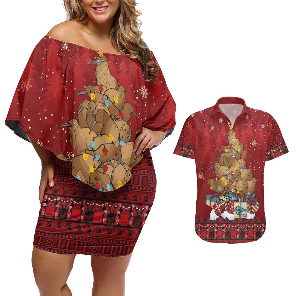 Funny Kiwi Bird Xmas Tree Couples Matching Off Shoulder Short Dress and Hawaiian Shirt New Zealand Tribal Christmas Spirit - Aussie Hoodie