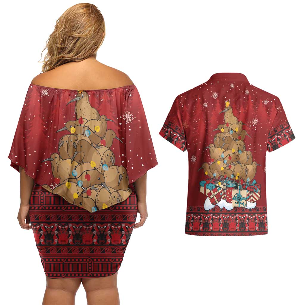 Funny Kiwi Bird Xmas Tree Couples Matching Off Shoulder Short Dress and Hawaiian Shirt New Zealand Tribal Christmas Spirit - Aussie Hoodie