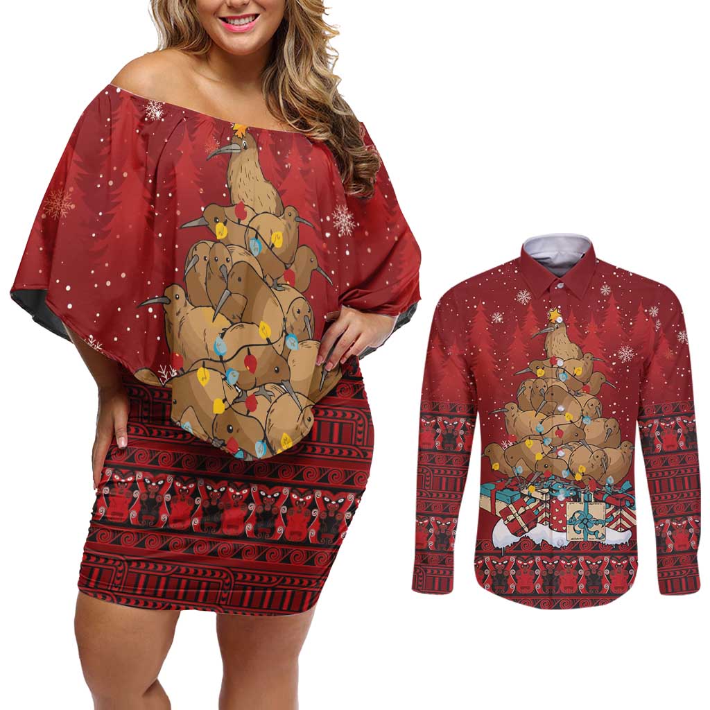 Funny Kiwi Bird Xmas Tree Couples Matching Off Shoulder Short Dress and Long Sleeve Button Shirt New Zealand Tribal Christmas Spirit - Aussie Hoodie