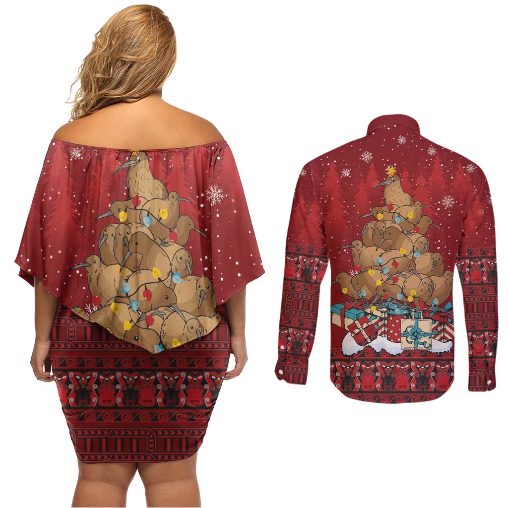 Funny Kiwi Bird Xmas Tree Couples Matching Off Shoulder Short Dress and Long Sleeve Button Shirt New Zealand Tribal Christmas Spirit - Aussie Hoodie