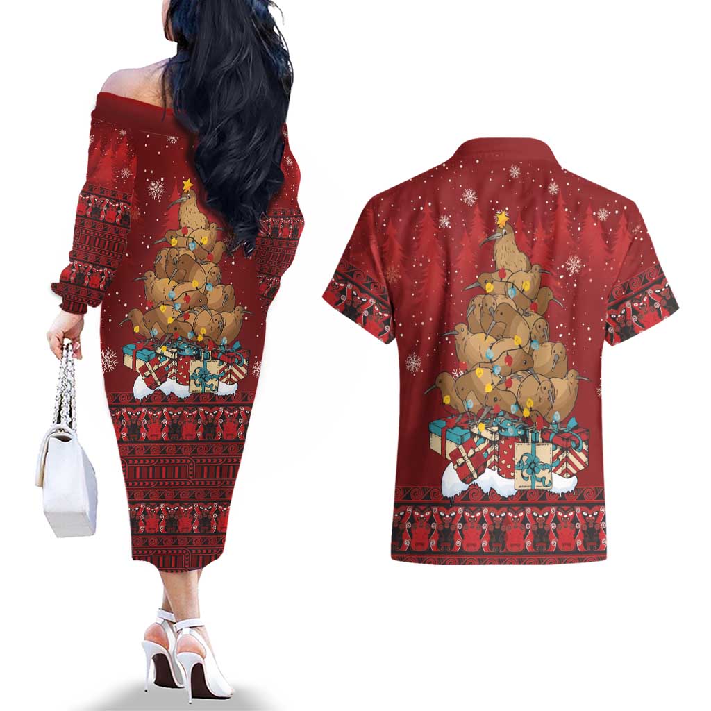 Funny Kiwi Bird Xmas Tree Couples Matching Off The Shoulder Long Sleeve Dress and Hawaiian Shirt New Zealand Tribal Christmas Spirit - Aussie Hoodie