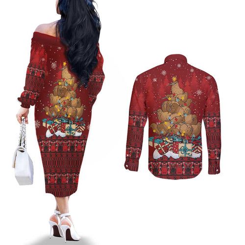 Funny Kiwi Bird Xmas Tree Couples Matching Off The Shoulder Long Sleeve Dress and Long Sleeve Button Shirt New Zealand Tribal Christmas Spirit - Aussie Hoodie