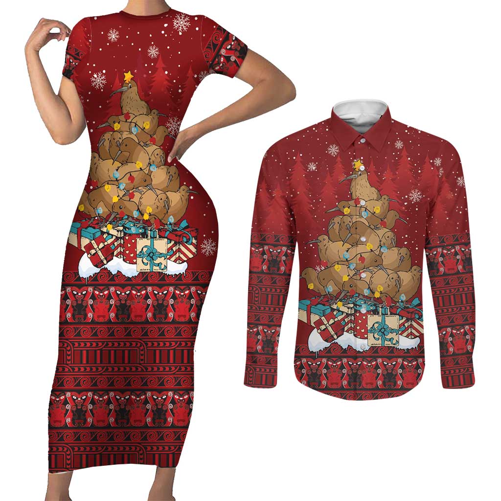 Funny Kiwi Bird Xmas Tree Couples Matching Short Sleeve Bodycon Dress and Long Sleeve Button Shirt New Zealand Tribal Christmas Spirit - Aussie Hoodie