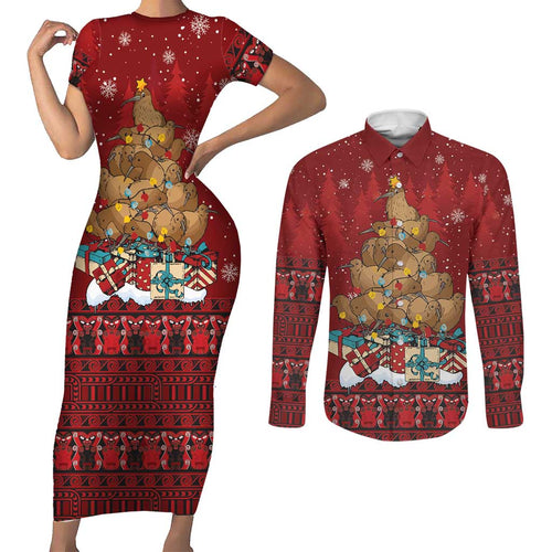 Funny Kiwi Bird Xmas Tree Couples Matching Short Sleeve Bodycon Dress and Long Sleeve Button Shirt New Zealand Tribal Christmas Spirit - Aussie Hoodie