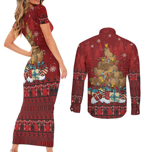 Funny Kiwi Bird Xmas Tree Couples Matching Short Sleeve Bodycon Dress and Long Sleeve Button Shirt New Zealand Tribal Christmas Spirit - Aussie Hoodie