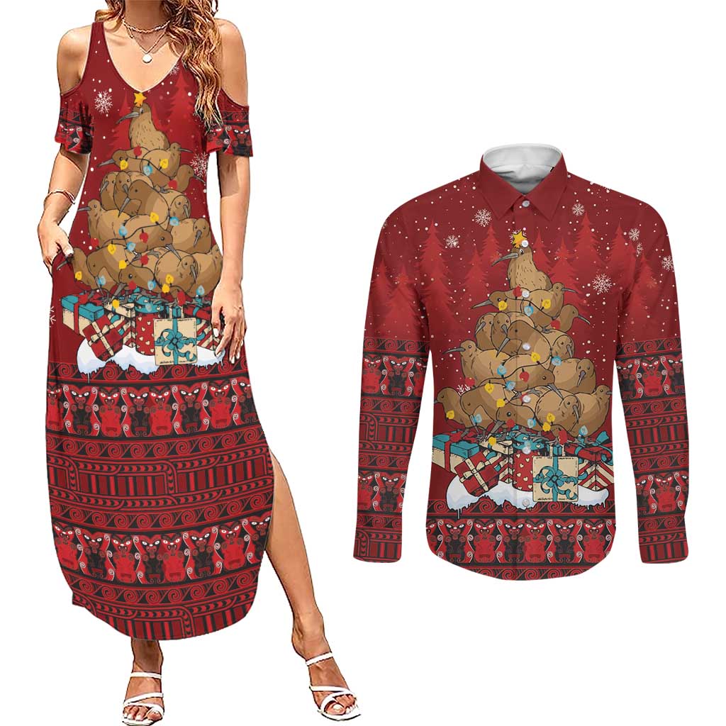 Funny Kiwi Bird Xmas Tree Couples Matching Summer Maxi Dress and Long Sleeve Button Shirt New Zealand Tribal Christmas Spirit - Aussie Hoodie